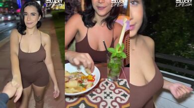 Busty brunette teases then sucks cock in HD POV