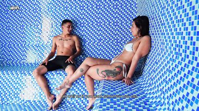 Colombian MILF fucks a stranger in the public sauna, cumshot his face! Kylei Ellish and Dani Clark