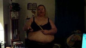 Extremely fat blond granny has fun with ladle and vibrator