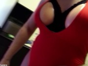 E-Cup Fake Boobs and too small red swimsuit. Shaved legs strapon tits crossdresser. No Audio.