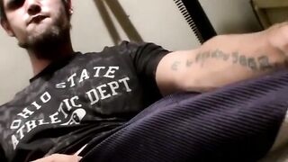 "Tatted Up Thug Jerks Off On Ladder For Big Load"