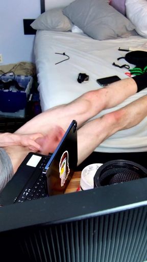 Jerk off with Feet on Bed with Socks Pulled to Calves as I Bust Grunting Hard in Chair