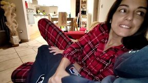 Wife In Pajamas Fucks A Friend In Silence While Her Husband Is In The Room