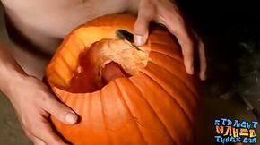 Deviant straight males are fucking a pumpkin and masturbating