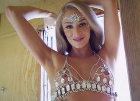 Little petite titted blonde tummy dancer Emma Hix stripping in a trailer