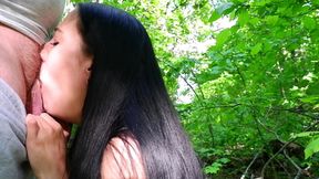 Young black haired cocksucker made fat cock cum in the forest