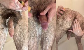 Lathering up my extremely hairy uncut dick, balls, and ass with a bar of soap in the shower