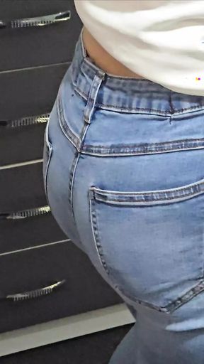 Step mom without panties under jeans in frot of step son