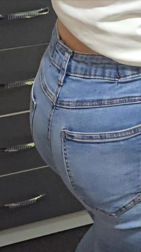Step mom without panties under jeans in frot of step son