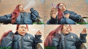 Smoking a pink corked cigarette, spitting and coughing outdoors volume 93 Non Nude ****mp4****