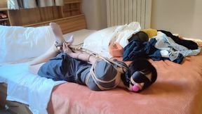 blindfolded,ball gagged,rope hogtie bondage in bed