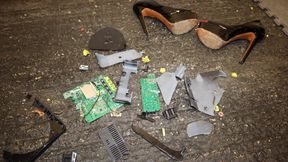 peep toe black high heel stilettos crushing a router