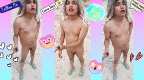 Trans slut all naked in public with green heels delicious ass and hot penis