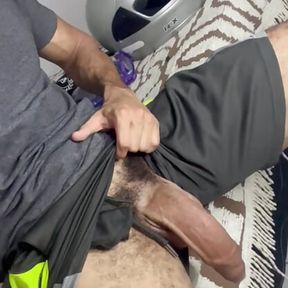 Huge 23cm cock after training in shorts without underwear