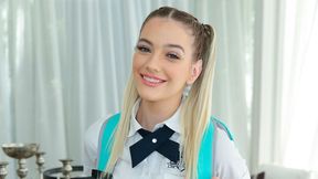 Cute-looking blonde with small tits jumps on a big boner