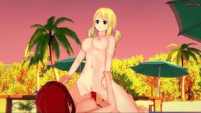Lucy Heartfilia and Erza Scarlet have lesbian sex on the beach before using a strapon - Fairy tail Hentai