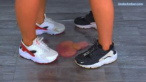 Stomping The Cum From Your Cock & Balls Under Our Nike Huaraches & Plexiglass - 190 Feet Cam - Goddess Amber - Miss Lucy - Trample CBT Ballbusting