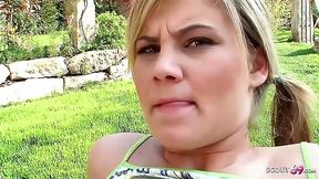 Young blonde with pigtailes Kimberly gets fucked outdoor