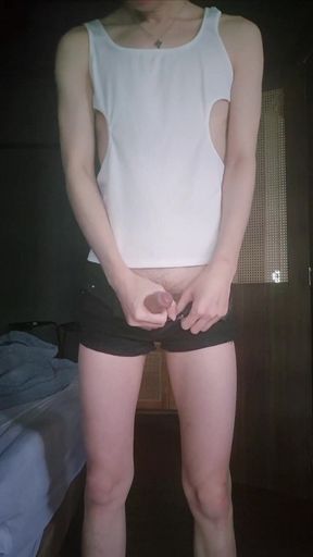 Slim Asian Twink Masturbating and Cum on Shorts   Clip 1