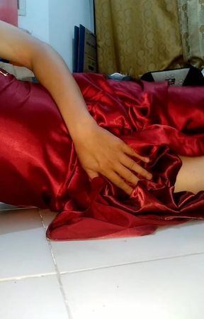 Pulsating Cum Into Red Satin Long Gown