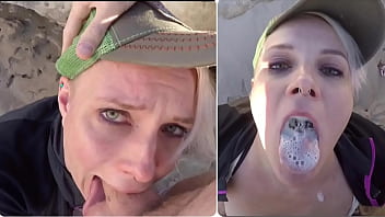 Public Cum Swallow After Balls Deep Deepthroat Blowjob on the Beach