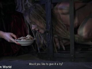 Fina is kept exposed in a cage and drools from her throat as that babe greedily eats food from the countess's hand (preview)