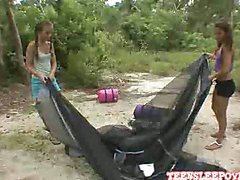 Sophia and Nicole are camping in the backyard