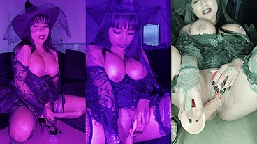 Sexy witch solo Halloween squirting with dildo