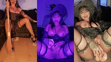 Sexy witch solo Halloween squirting with dildo