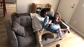 Red haired phat ass white girl young gets filled with internal cumshot from big black cock on neighbors couch while babysitting