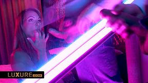 Curvy blonde offered a twofold cock in exciting glass threesome experiment