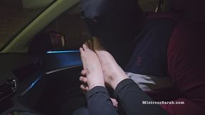 Public Parking Foot Domination: Muscular Foot Slave Worships Mistress's Designer Feet in Cramped Car