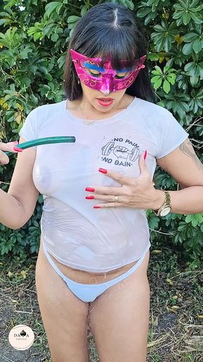 Whore Wife Taking a Hose Shower