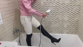 Wet and messy in leather jacket and boots