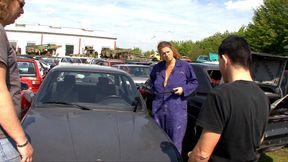 Blowjob at the jankyard and fucking on the hood of the car