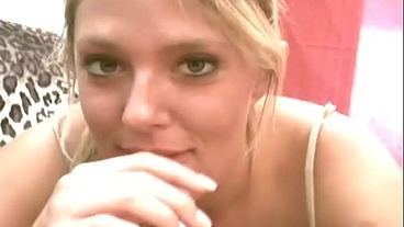 Blonde Cutie Heaven Models Pantyhose Then Gives Head Job