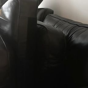 Humping and cumshot on my sister&#039;s black leather couch