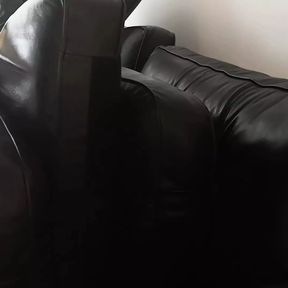 Humping and cumshot on my sister&#039;s black leather couch