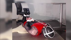 Hogtied in Boots, Fishnet, Red Pvc Suit and Masked. Struggling to Get Free.