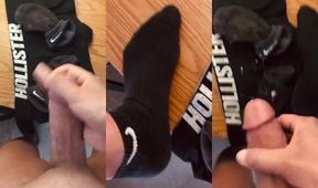 Sweaty gay jock in cum-drenched low cut socks gets destroyed by big load