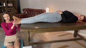 Weronika Lies On Her Back In Jeans And Stella Tickle And Lick Her Feet In Tan Pantyhose - Full