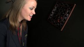 Nasty chick plays with her pussy and sucks a priest at the confession through gloryhole