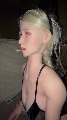 Blonde doll in black lingerie
