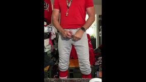 Jockdad87 Edges in Baseball Gear and Red Striped Socks