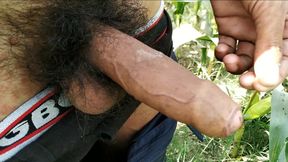 Hairy Cock Handjob and Cumshot in Outdoor Masturbation