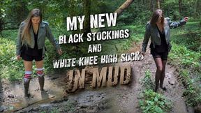 It’s Getting Cold, But I’m Fulfilling Your Request — Black Stockings & White Nylon Knee Highs in Mud