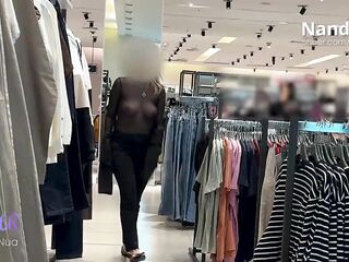 NandaNua, exhibitionist and hotwife, wearing a transparent blouse and miniskirt at the Mall and Supermarket.