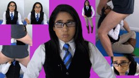 Riding Girl eRica wont shut up! Gets a surprise face fucking and has her face and outfit splattered with cum