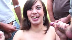 dirty slut dogging babe tiffany doll sucks off perverted guys and gets covered in cum