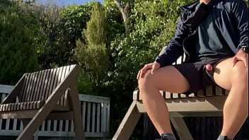 Cock exposing on outdoor bench